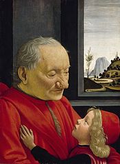 Painting from the Renaissance displayed in the Louvre Museum, Paris by Domenico Ghirlandaio (1449-1494): "Portrait of an Old Man and a Young Boy" (Portrait d'un Vieillard et d'un Jeune garçon). It shows Rhinophyma (Rosacea stage 4) and an undefined skin growth.
